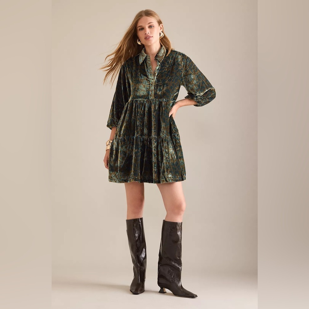 NWT Anthropologie The Bettina Tiered Shirt Dress by Maeve: Mini Velvet Edition